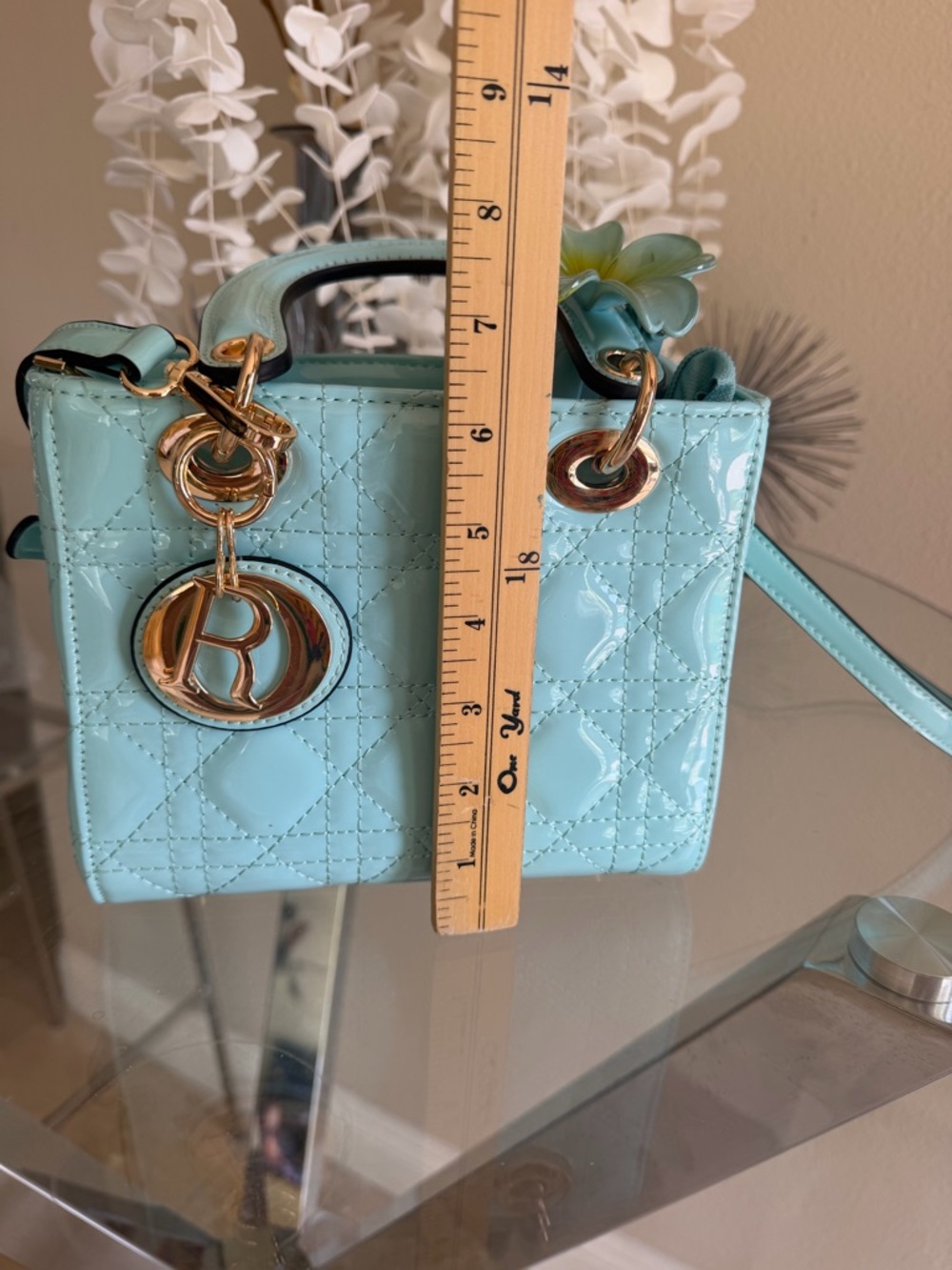 Aqua Patent Leather Quilted Top-Handle Bag with Gold Hardware - Picture 8 of 9